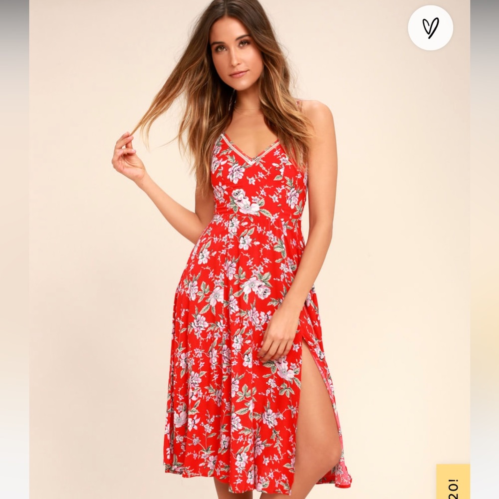 Lulu's Red Floral V-Neck Midi Dress with Side Slit